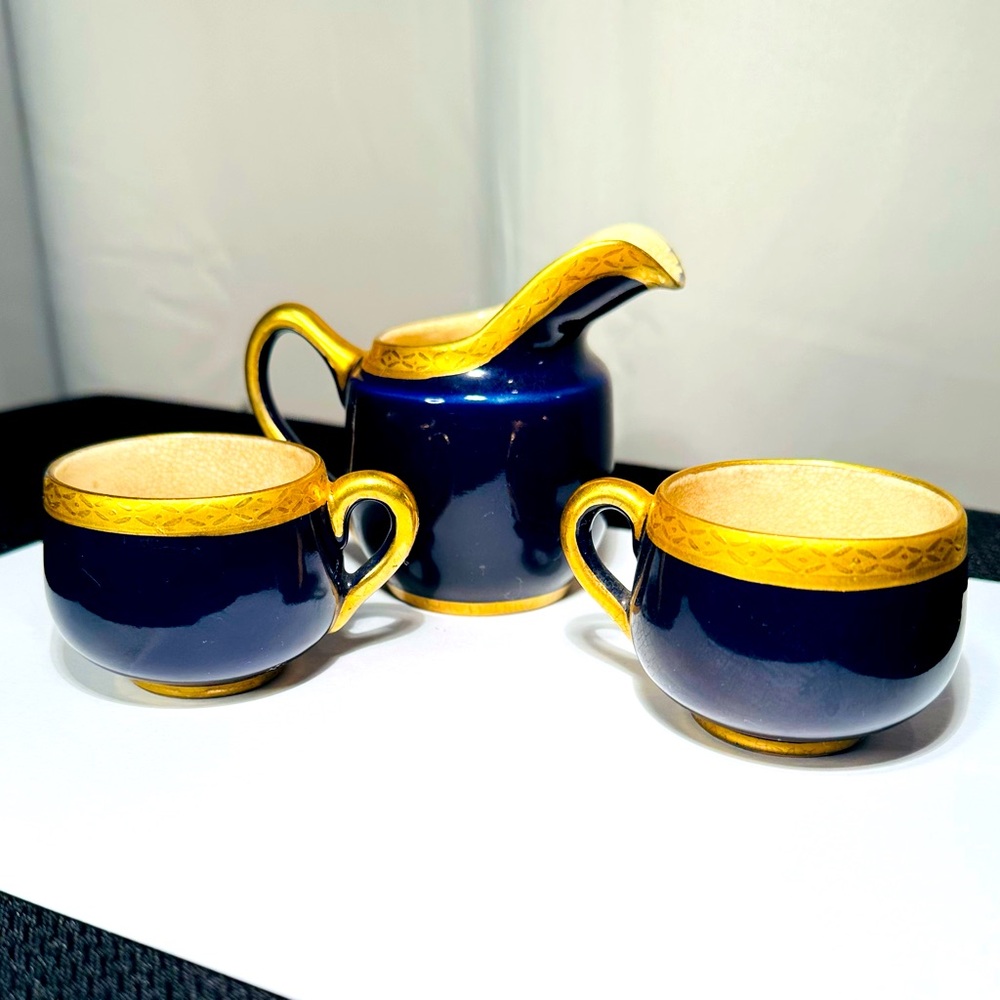 Satsuma Japan- Cobalt Blue And Gold Etched Teacups And Creamer Jug